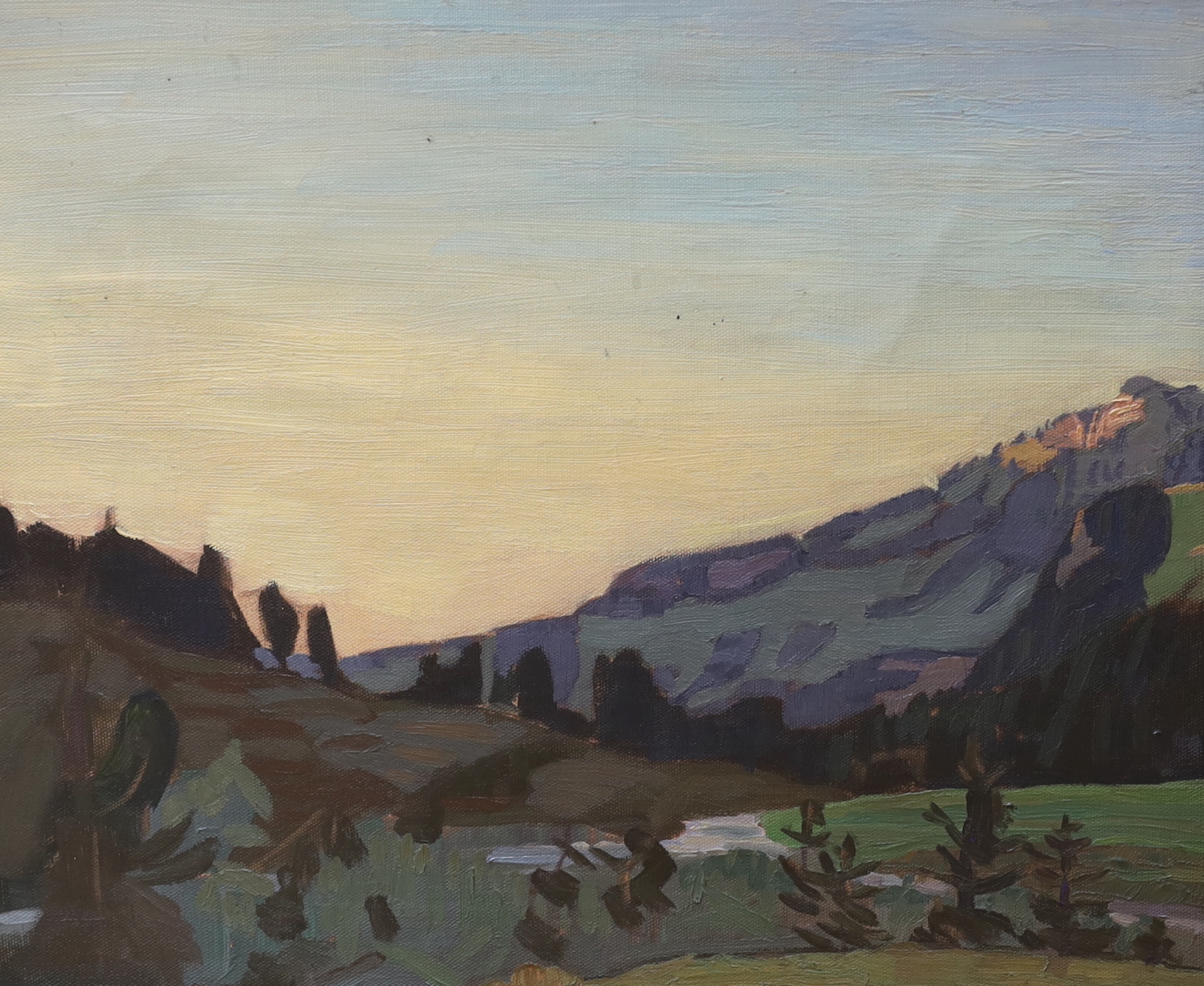 Karl Reber (1870-1931), oil on canvas, Mountainous landscape, 'Razliapl', unsigned, details verso, 46 x 55cm